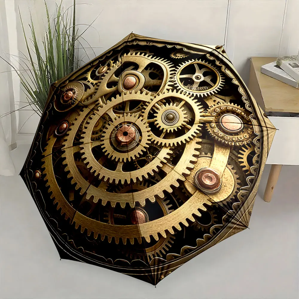 1PC Steampunk Gear Umbrella: A Fusion of Art and Functionality Print 8 Iron Ribs Folding Umbrella Auto-Open Fashion Sunshade