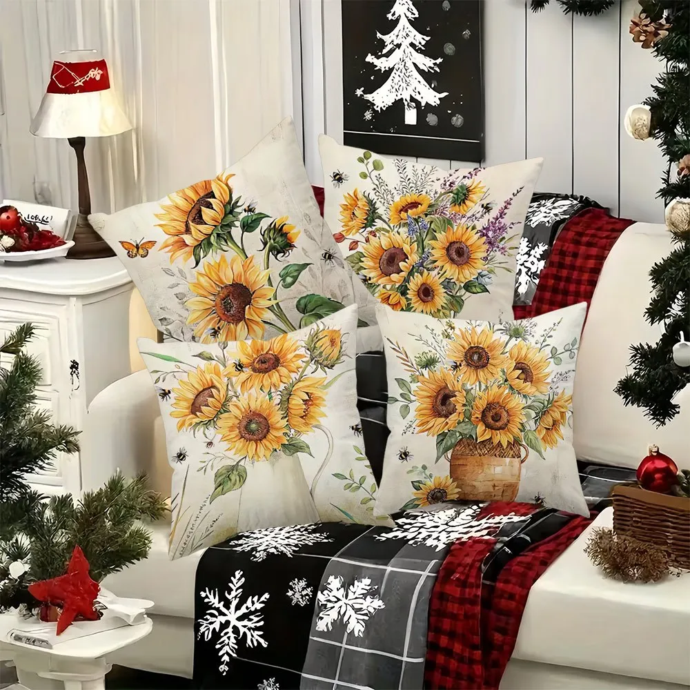 Juegos  fundas  almohada  4 piezas con diseño  girasol y abeja | Estilo rústico, poliéster, estampado contemporáneo, cie