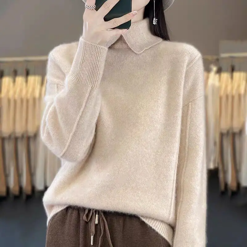 Autumn Winter New Turn-down Collar Knitted Sweaters Simple Solid Loose Casual Pullovers Women Fashion Temperament Tops