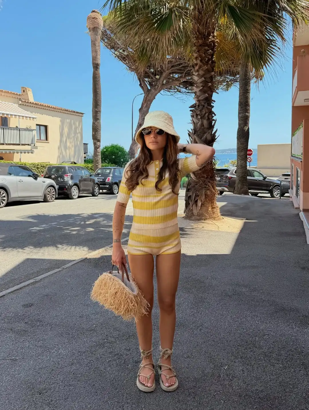 Yellow Striped Ribbed Knit Two Piece Short Set Short Sleeve Crop Top Matching Shorts Set Summer Coastal Vacation Knit Outfit