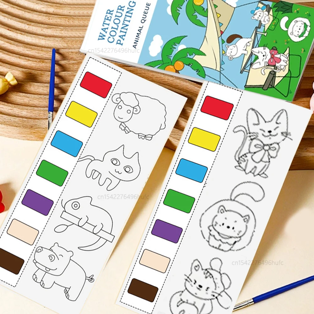 

12 Pages Children's Watercolor Coloring Book with Paint Brush Drawing Toys For Children Graffiti Picture Drawing Stationery Gift
