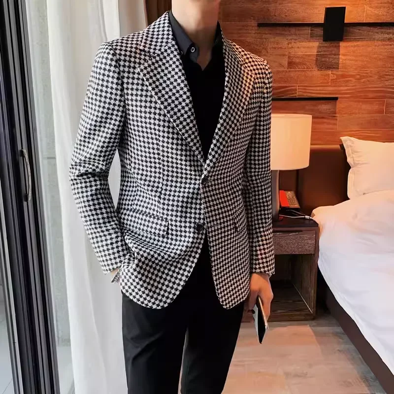 Autumn New Korean Version Thousand Bird Grid Suit Jacket Mens Simple Slim Business Blazers Coats Groom Wedding Tuxedo Suit Coats