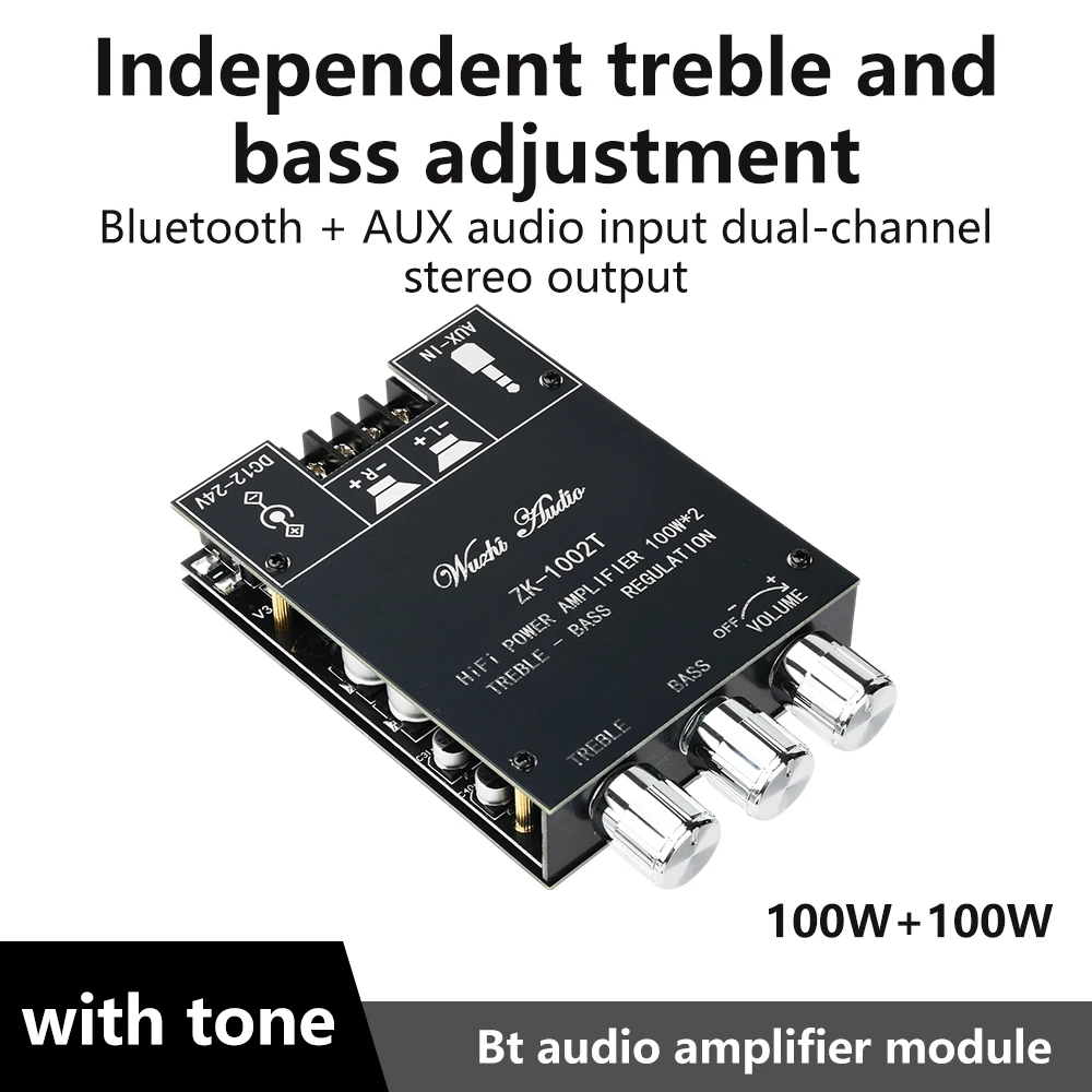 ZK-1002T Bluetooth 5.0 HIFI 2.0 Channel Power Audio Stereo Amplifier Board 2*100W Module TREBLE Bass Note Tuning AMP