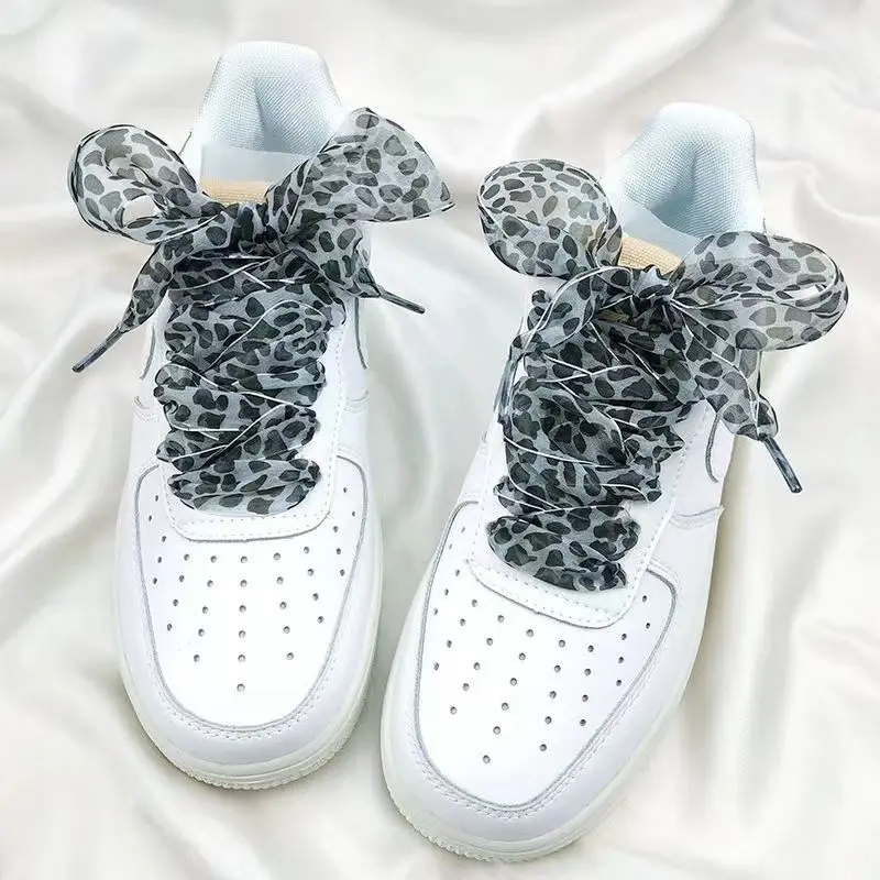 

4 cm Widen Leopard Chiffon Organza Shoelaces 110/130/160 cm Length Bowknot Sneaker Sport Shoes White Shoes Laces Dropshipping