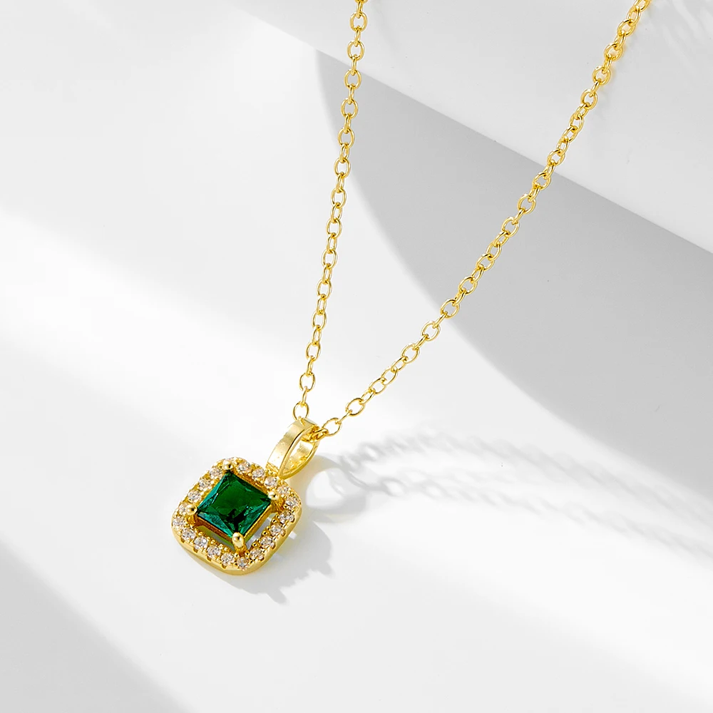 

925 Sterling Silver 14k gold plated Square Shape Synthetic Emerald Pendant Necklace for women jewelry