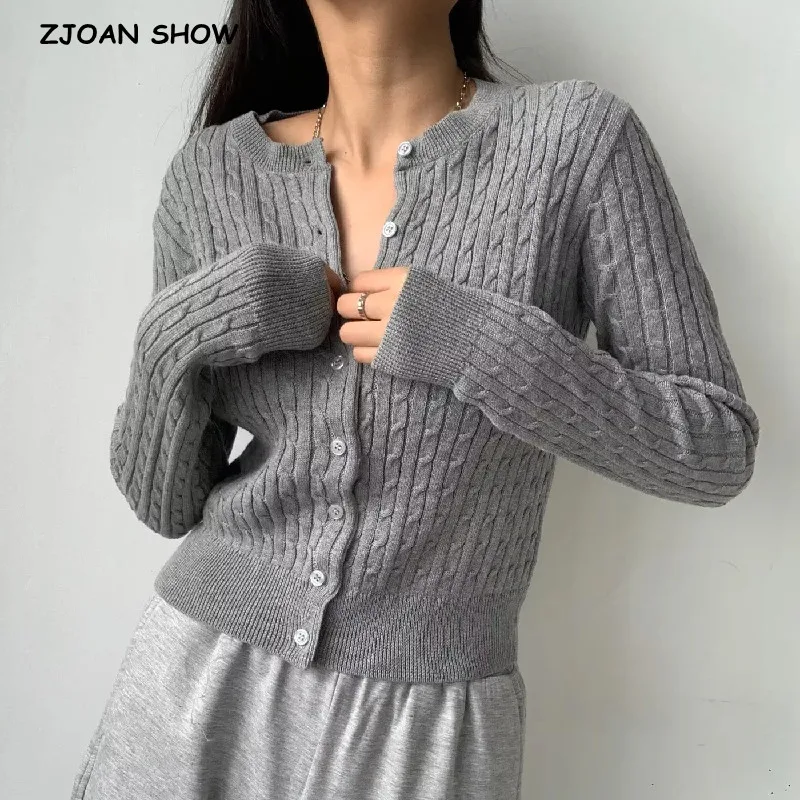 4 colors Women Cable Twist Knitted Cardigan Round Collar Center Buttons Sweater Full Sleeve Short Jumper Gray