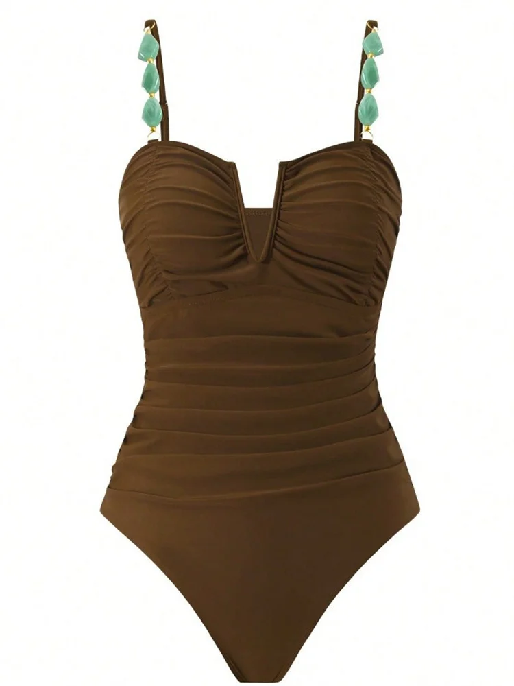 

2026 New Vintage Coffee Mesh Long Skirt Swimwear Sets Women Sexy Pearls Strap V Neck Pleate Slim Bathing Suit One Piece Swimsuit