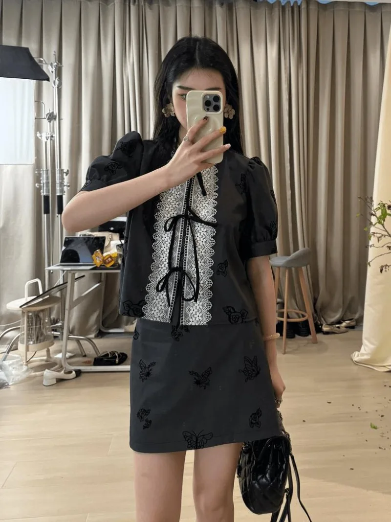 Miiiix French Bubble Sleeve T-shirt Women's Summer New Style Lace Short Sleeved Top Half Skirt Two Piece Set Female Clothing