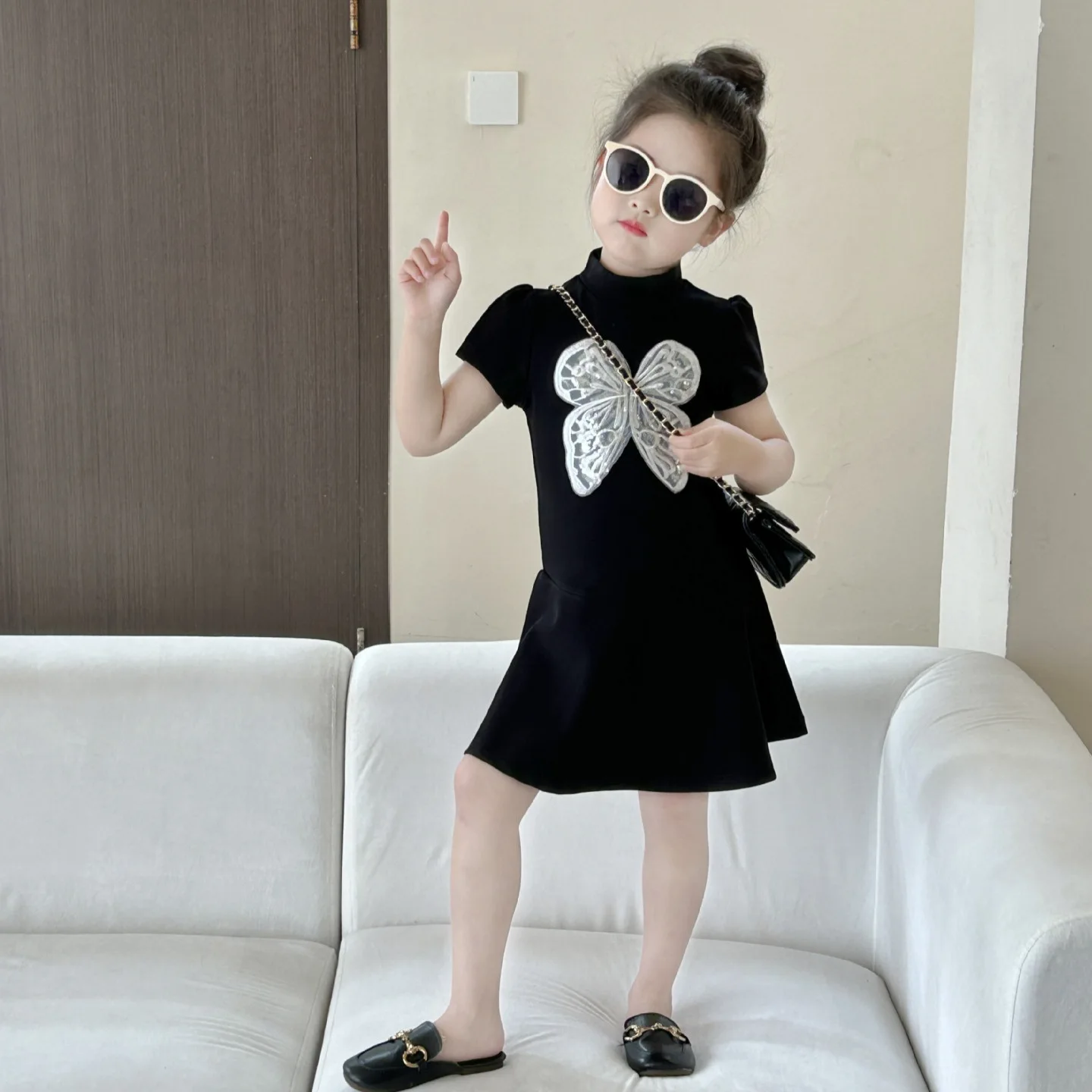 2024 summer new children's clothing 1-12Y girls vintage French short-sleeved dress with bow waist skirt 90-140cm