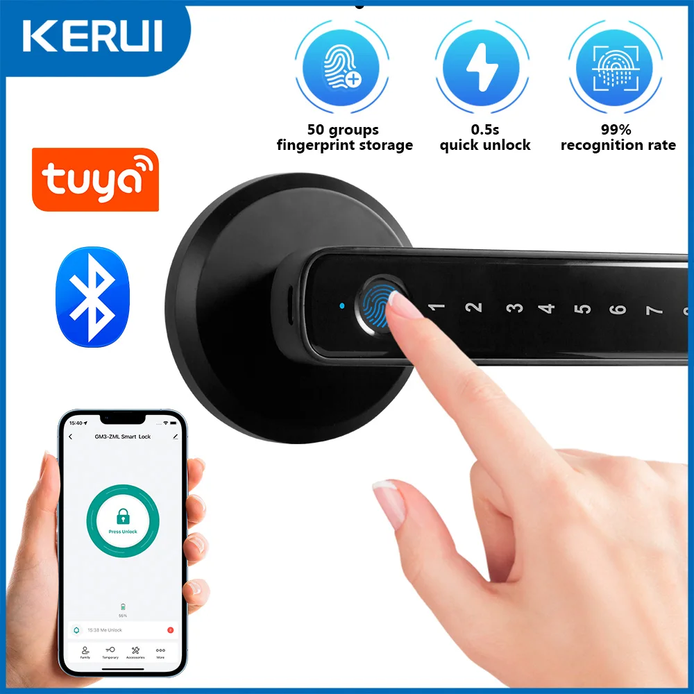 KERUI Tuya Smart APP بصمة قفل الباب الذكي قفل إلكتروني رقمي مع 4 طرق لفتح مفتاح ميكانيكي بلوتوث
