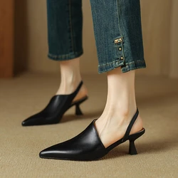 NEW Summer Women Sandals Genuine Leather Shoes for Women Pointed Toe Thin Heel Shoes Concise Cover Toe Slingback Modern Sandals