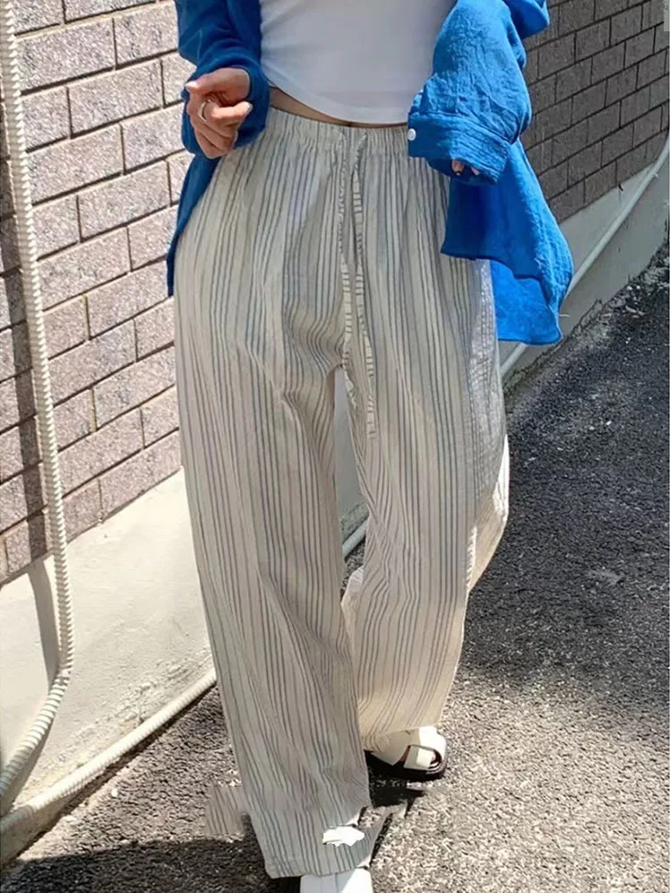 Women 100% Foamed Cotton Stripes Wide Leg Pants Korean Fashion Elastic Hight Waist Straight Trousers Casual Soft Mopping Pants