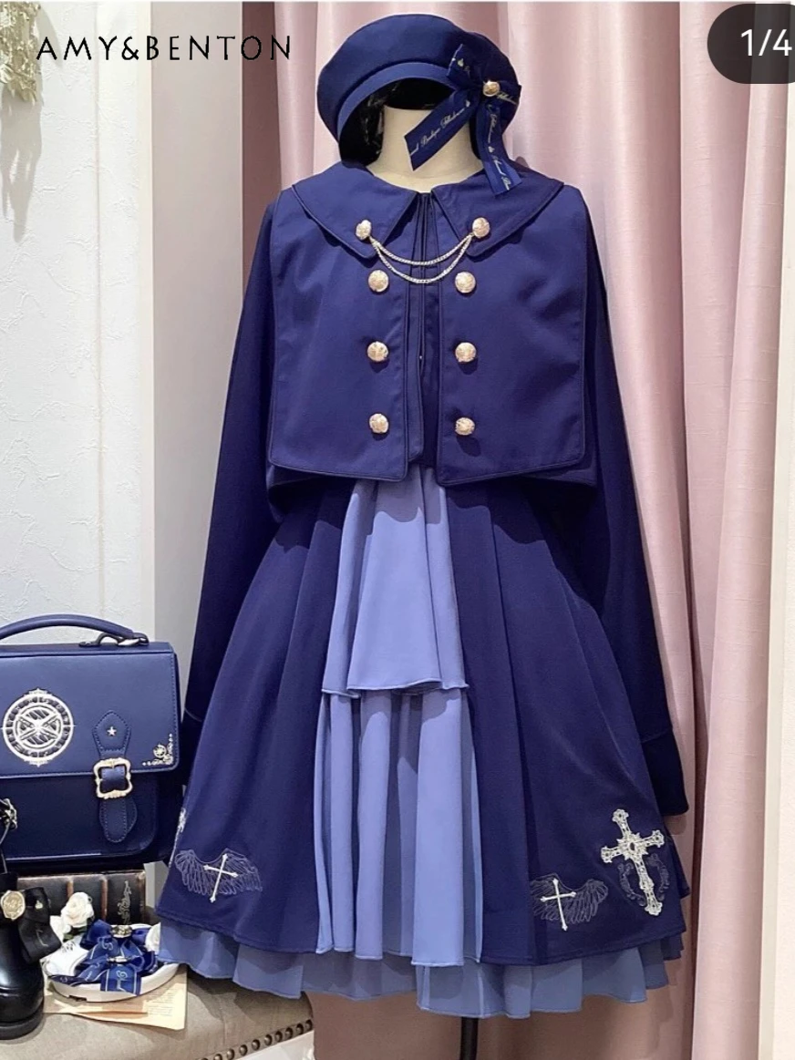 Japonês doce cruz bordado em camadas vestido de manga longa estilo universitário bonito gola marinha arco magro vestido de comprimento médio para mulher