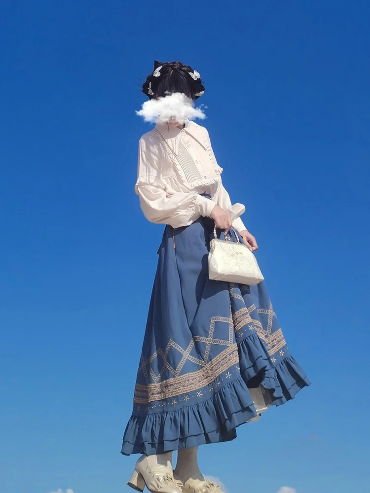Sweet and Elegant Lady Lolita High Waist Skirt Sets Women Outfits Lolita Pointed Neck Ruffled Bubble Sleeves White Shirt image 6