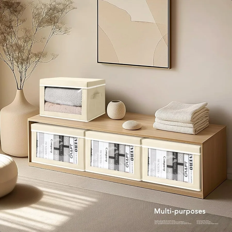 صناديق تخزين مع أغطية 3 عبوات من صناديق تخزين النوافذ الشفافة من القماش صناديق تخزين قابلة للطي مع أغطية منظم خزانة الكتان لـ C