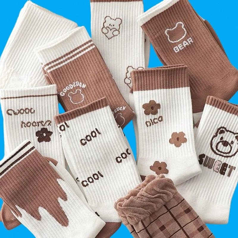 10/20 Pairs 2024 New Top Quality Women's Mid-tube Casual Socks Versatile Spring And Autumn Cute Coffee-colored Retro Khaki Socks