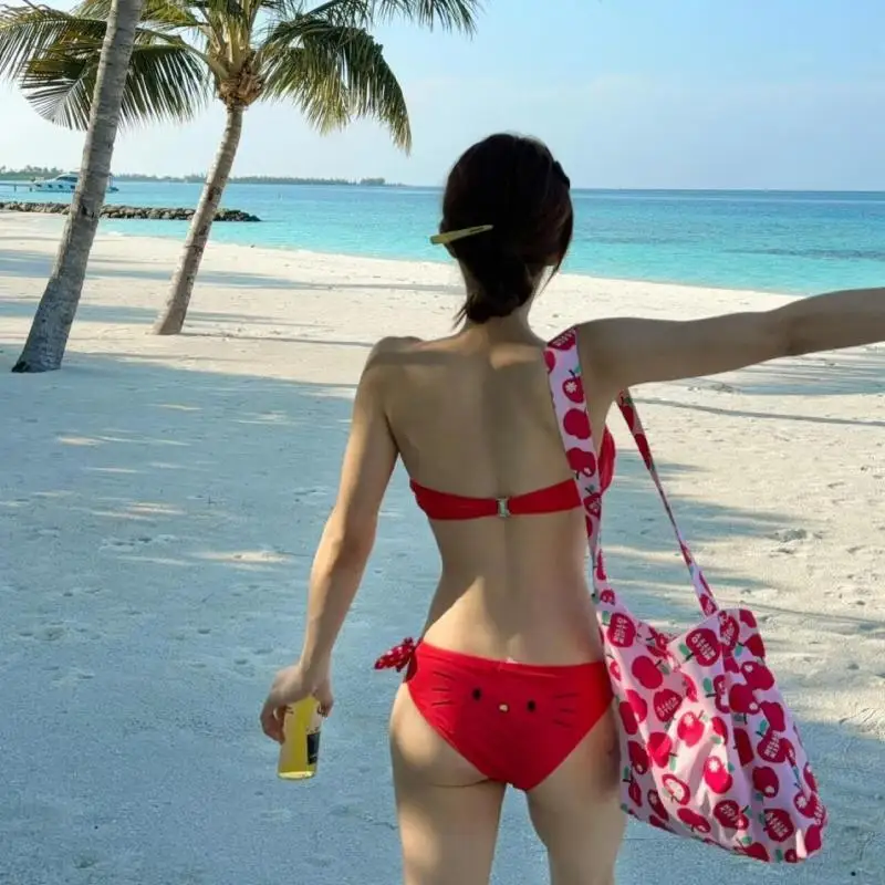 سانريو ملابس السباحة مرحبا كيتي مثير بيكيني Ins نمط Kawaii فتاة خنزير صغير الثدي مثلث زي سباحة من قطعتين الساخن الفتيات جزيرة الطيران