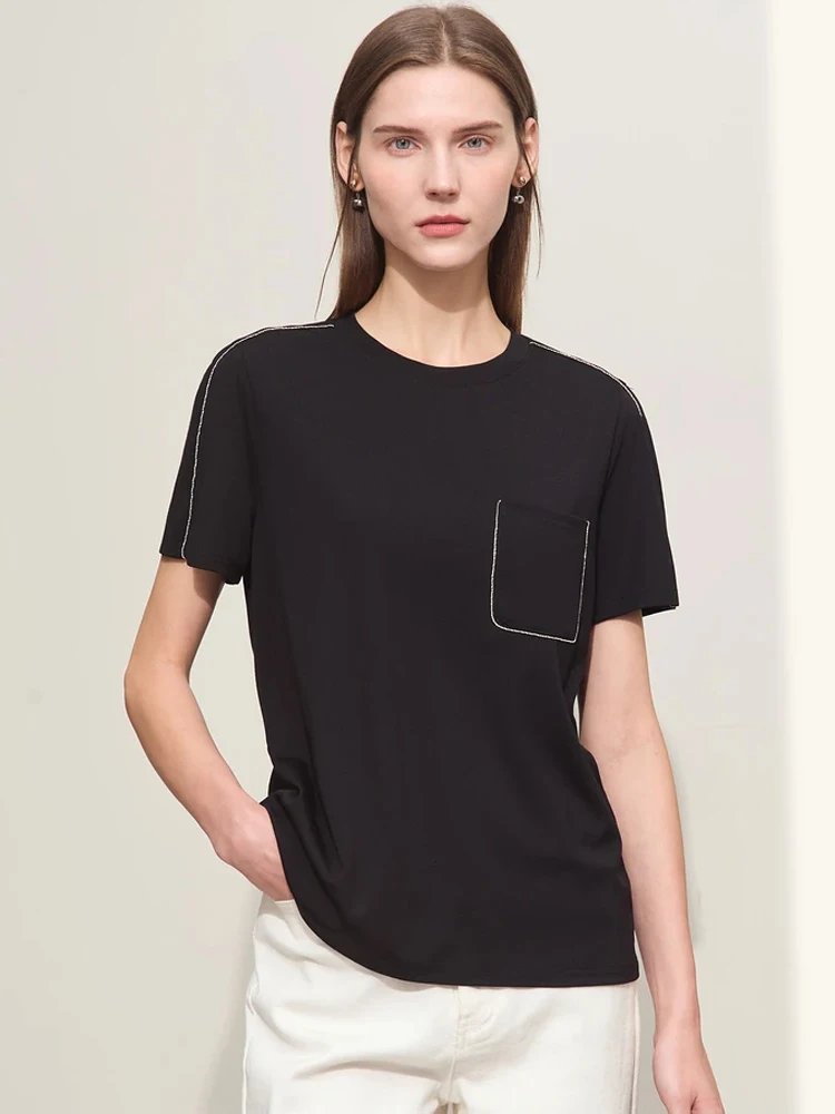 

Amii Minimalism 2024 Summer T-shirts for Women New Straight Round Neck Pullover Short-sleeved Stretch Solid Trendy Tees 12442122