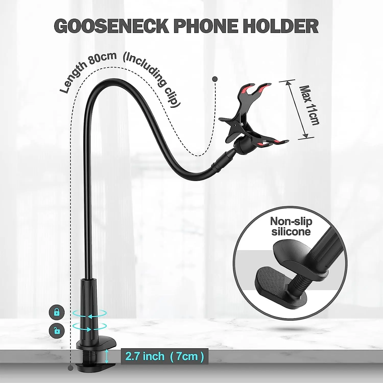 Phone Holder for Bed Gooseneck Bedside Phone Holder Laying Down with Adjustable 360 Clamp Clip and Flexible Long Arm for Desk