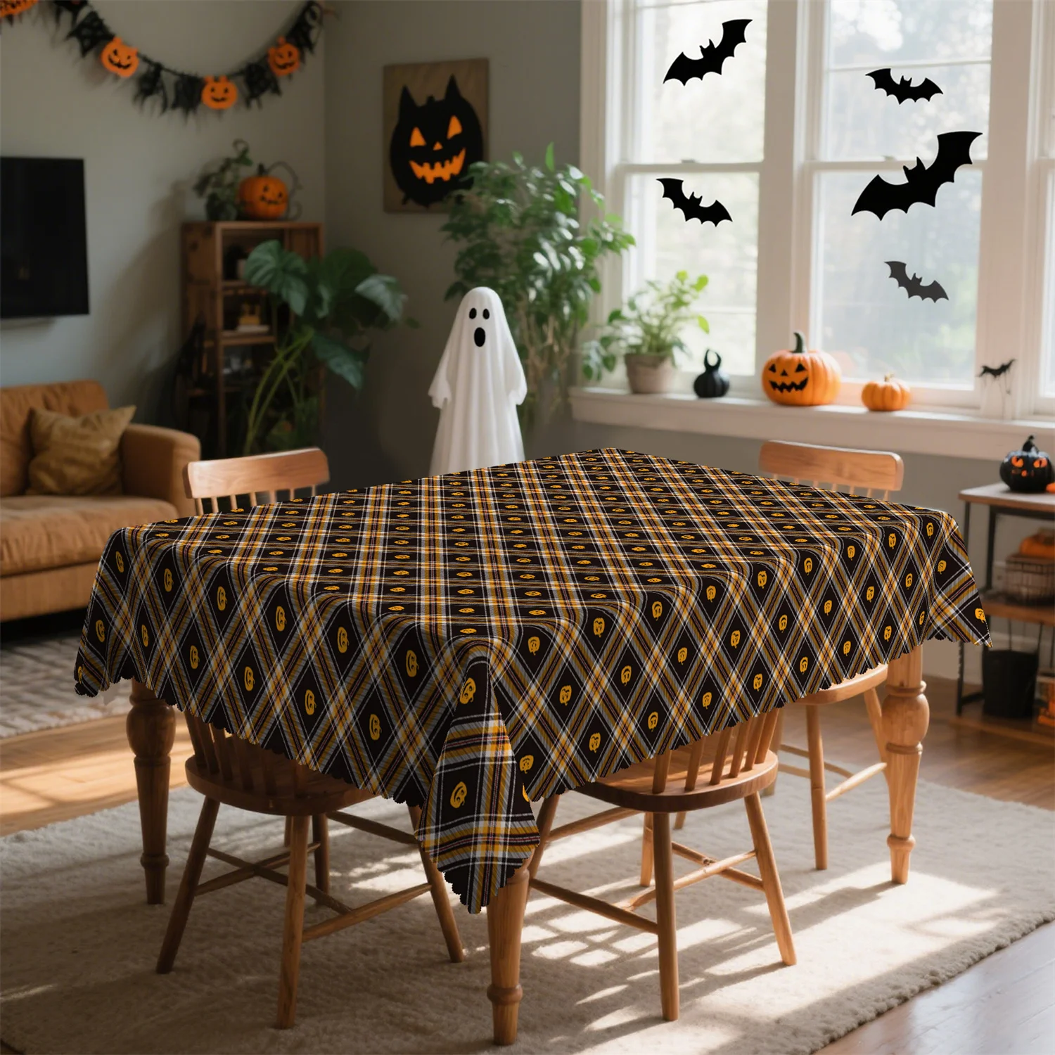 Checkered Ghost Face Pumpkin Halloween Tablecloth - 1 pack - Suitable for kitchen table, outdoor party decorationzyc