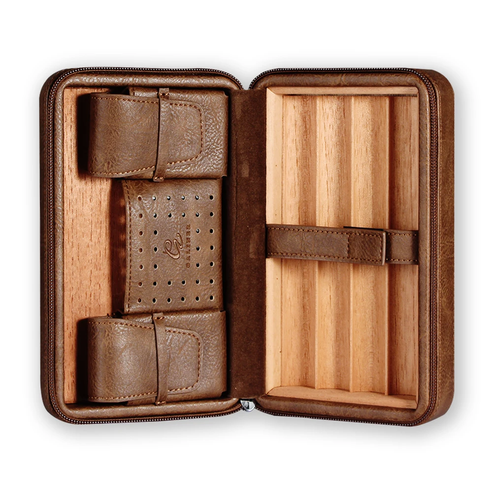 GALINER Portable Humidor Cigar Travel Case Leather Cedar Wood 4 Tube Holder Cigar Humidor Box W/ Cigar Accessories