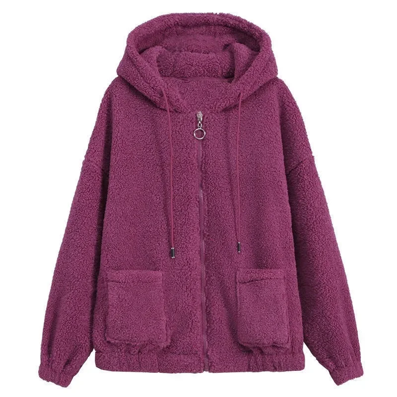 Women Warm Furry Sweatshirts Artificial Lamb Down Solid Colors Thick Hoodies Autumn Winter Big Pocket Zipper Hooded Sweatshirts