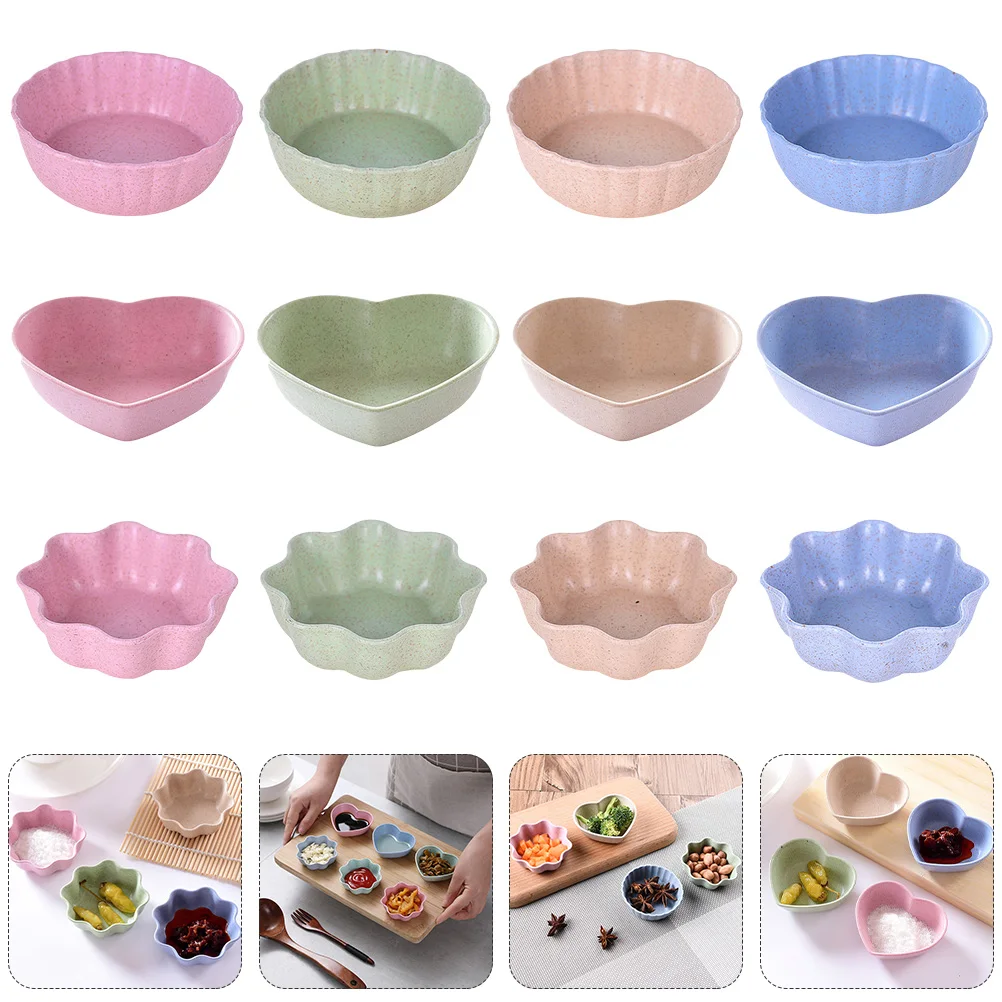 

12 pcs Sauce Dishes Snack Bowls Dipping Containers Modern Kitchen Wheat Fiber Practical Various Colors Shapes