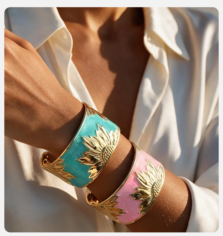 Vnox Vintage Chunky Emaille-Armreif in Blumenform für Damen, vergoldet, mit übertriebener Öltropfen-Optik, offener Armreif, Statement-Schmuck – Detail 2