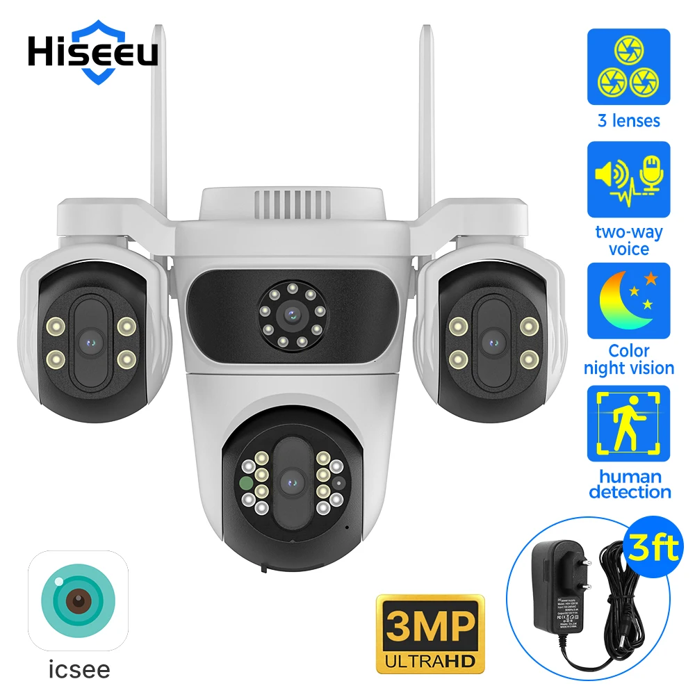 Hiseeu IP-Kamera, drei Objektive, 4-fach Zoom, WiFi, PTZ-Kamera, für den Außenbereich, wasserdicht, 3 MP, Auto-Tracking, CCTV-Sicherheitsüberwachungskamera iCsee