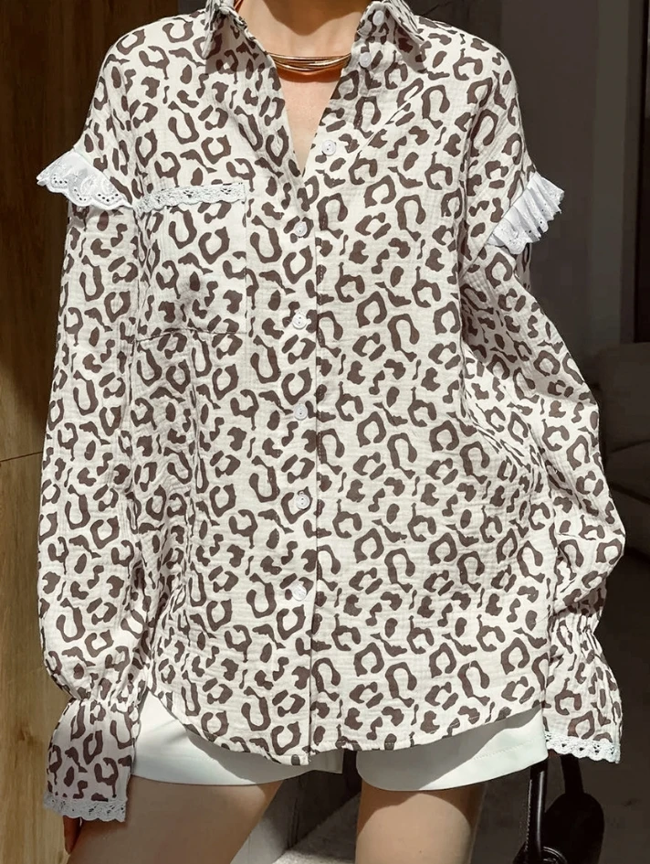 Women's Fashionable Cotton and Linen Casual Niche Temperament Leopard Print Long Sleeved Shirt Shipped Within 48 Hours