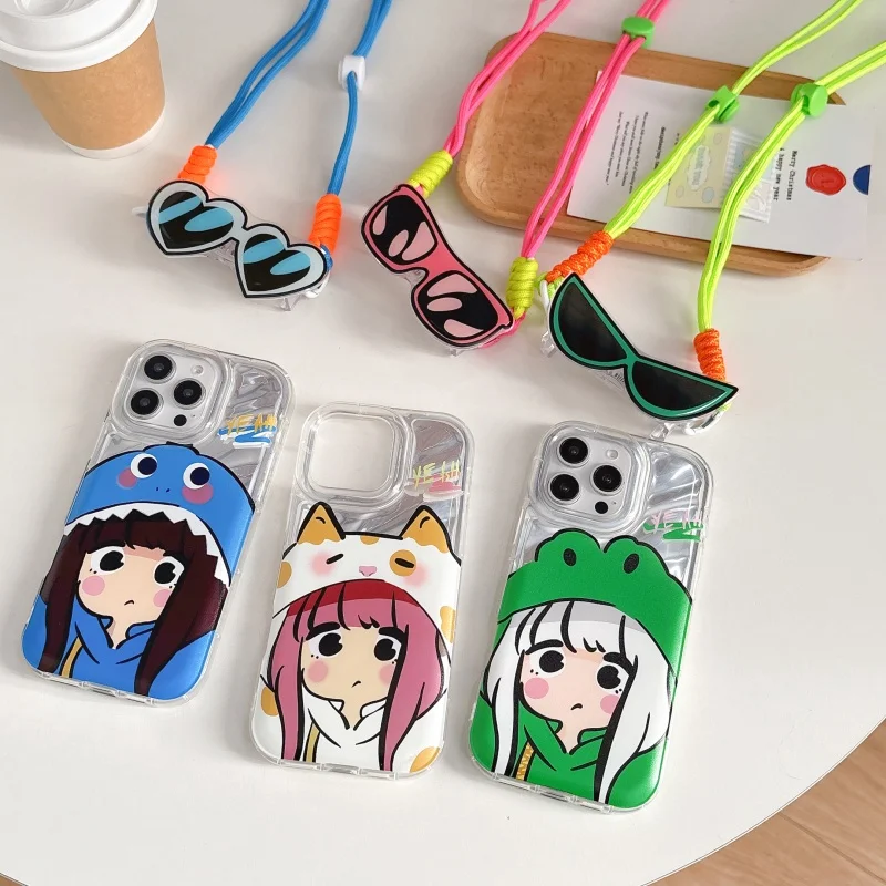 

Anime Girl Coat sunglasses Phone Case for iPhone 11 12 13 14 15 16 Pro Max Plus 16pro Cute Cartoon Holder Cover Lanyard