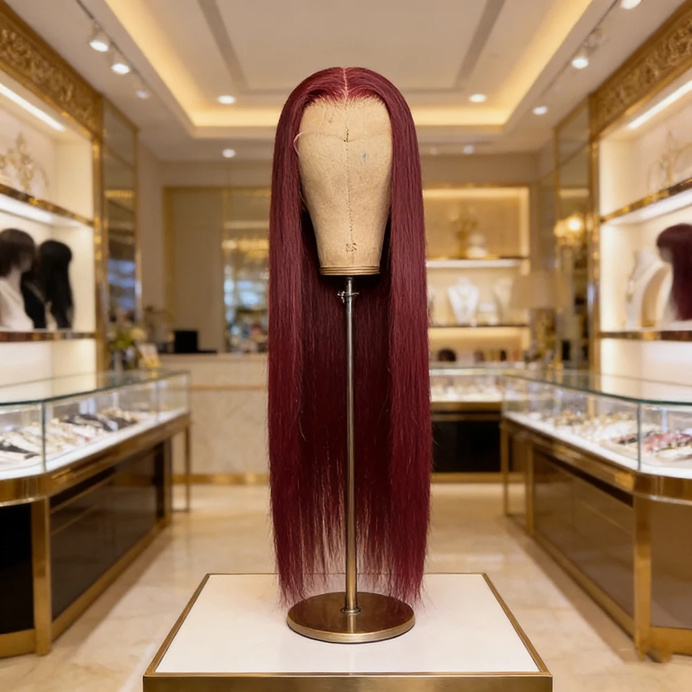 

Burgundy Long Straight 13x4 Lace Front Wig High Temperature Fiber Glueless Pre-Plucked Natural Hairline 99J Red Wig for Women