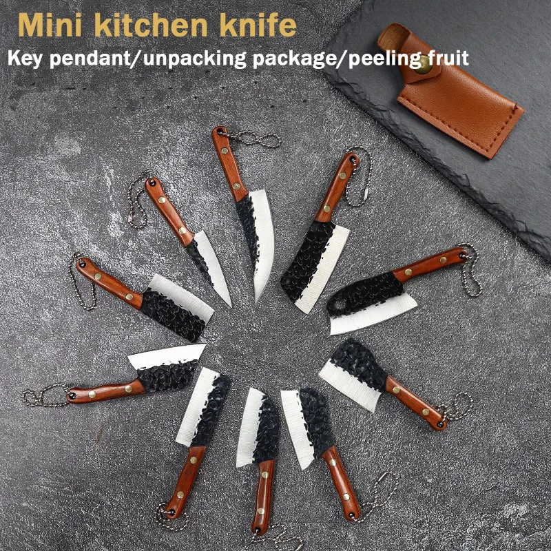 New Mini Kitchen Knife Express Unpacking Hanging Key Ring EDC Knife Colorful Solid Wood Handle with A Holster Leather Cover