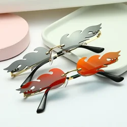 Luxury Cat Eye Sunglasses Women Vintage Brand Designer Rimless Fire Flame Sun Glasses Trending Mirror Lens Narrow Eyewear UV400