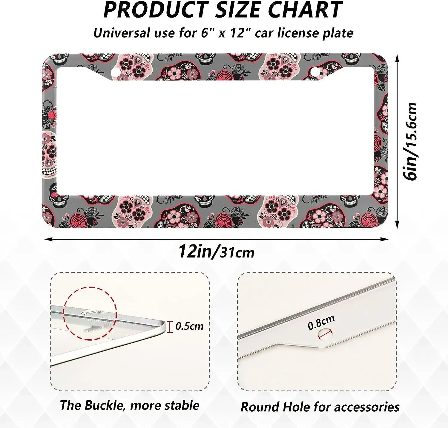 Cartoon Skull Floral Gray License Plate Frame 2 Pack License Plate Holder with 2 Holes Car Tag Frame for Women Men US Vehicles