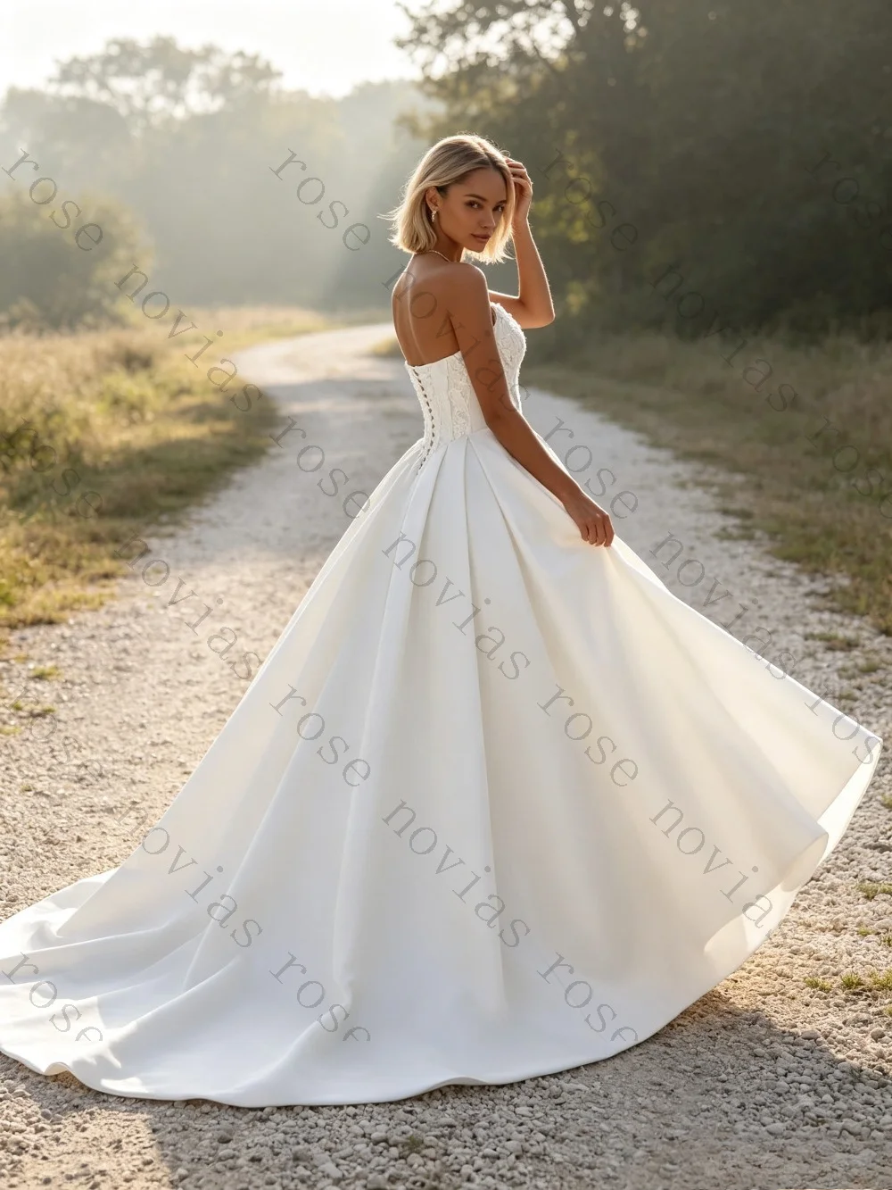 Customized Strapless Lace Bodice Satin Ball Gown Wedding Dress with Long Train Elegant Bridal Gown for Church Ceremony Bride