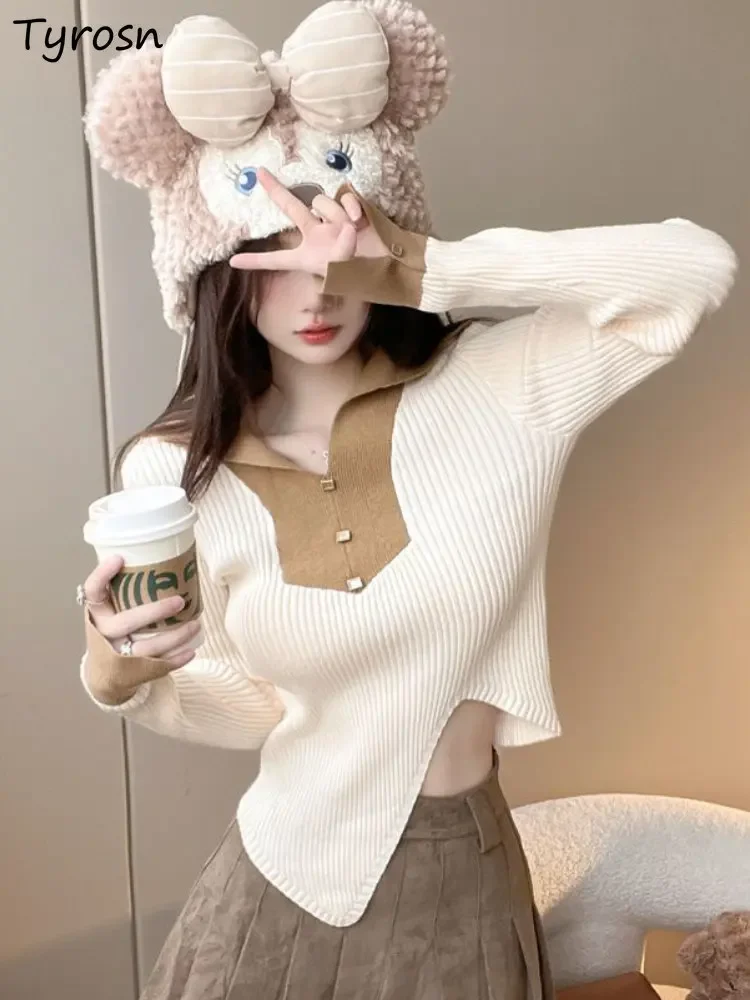 

Pullovers Women Slim Sexy Cropped Korean Style Casual Daily All-match Fashion Retro Elegant Autumn Sweater Ladies Panelled Cozy
