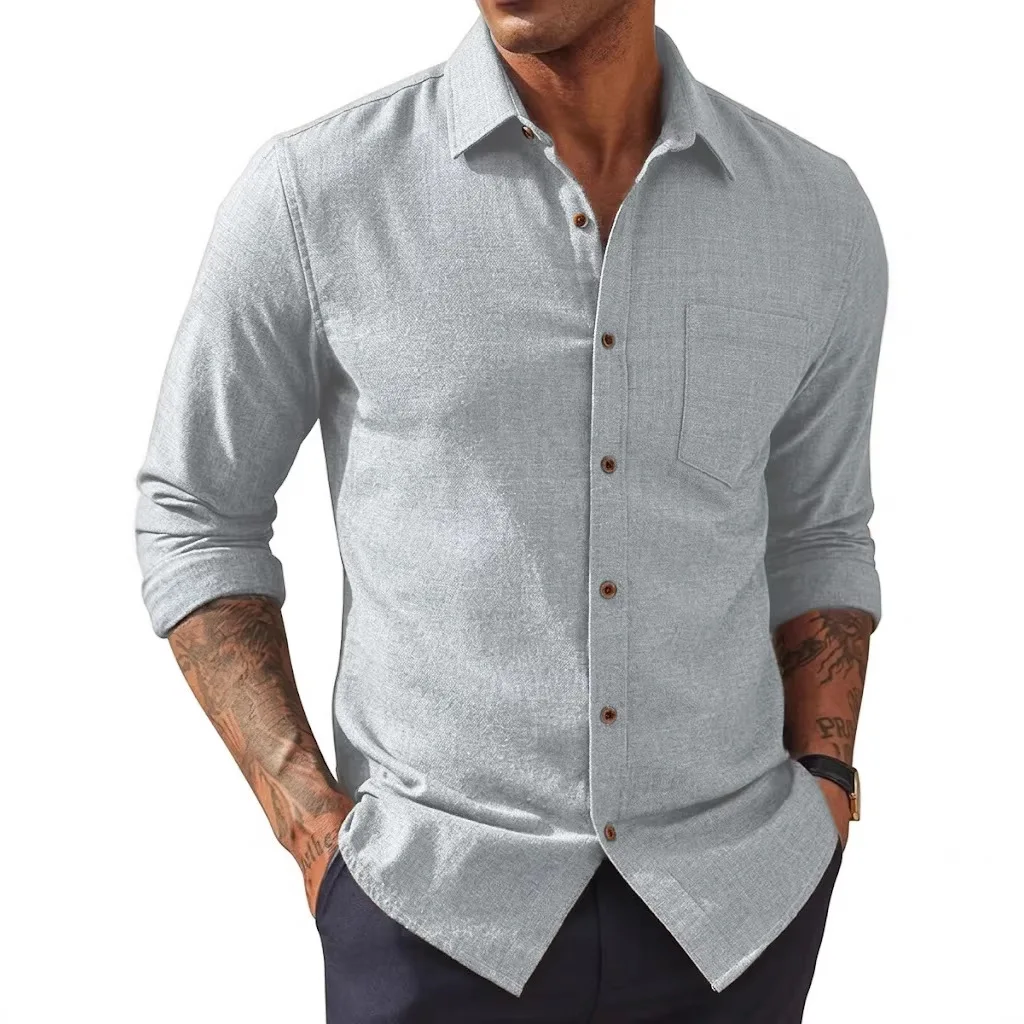 

Men's Long Sleeve Business Casual Shirt Turn Down Collar Pocket Breathable Daily Single Breasted Solid Shirts Male Classic Tops