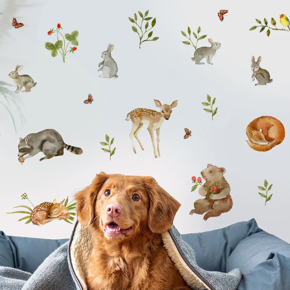 الكرتون الغابات الحيوانات الغزلان الثعلب الأرنب يترك المائية ملصقات الحائط للأطفال غرفة الطفل غرفة الحضانة جدار الشارات ديكور المنزل