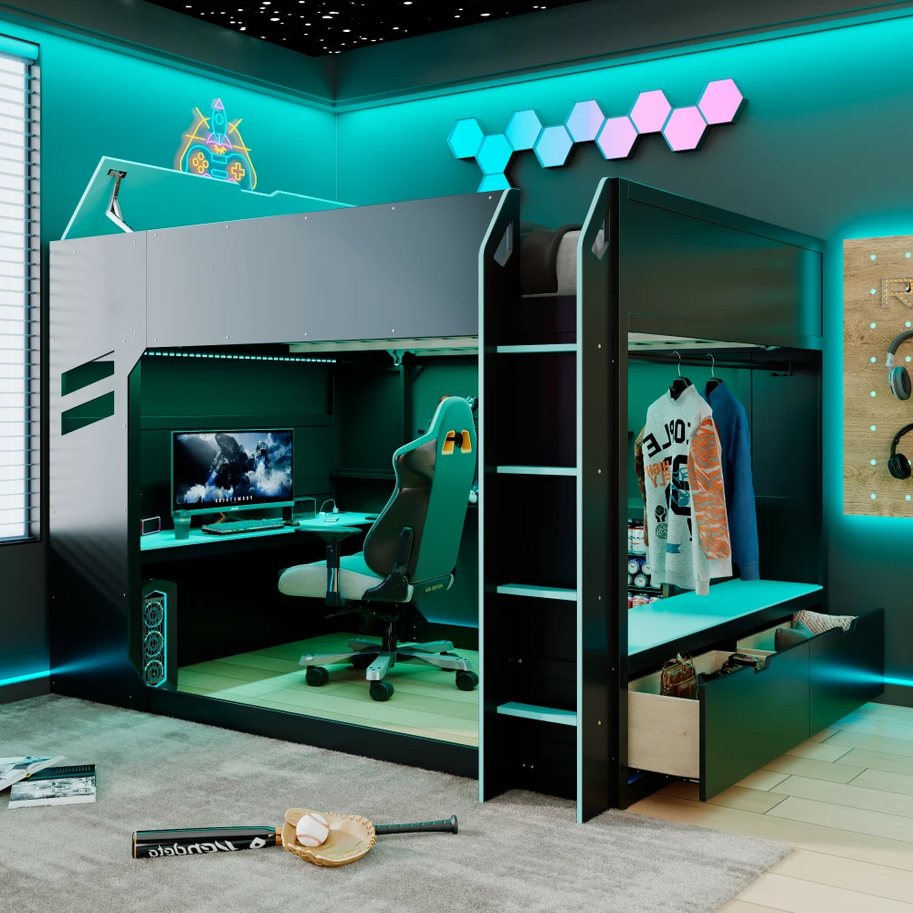 

Full Size Wood Loft Bed: Height-adjust Desk,Drawers,Storage,Hang Rod,RGB Lights,Blue (SKU:LT000288AAC)