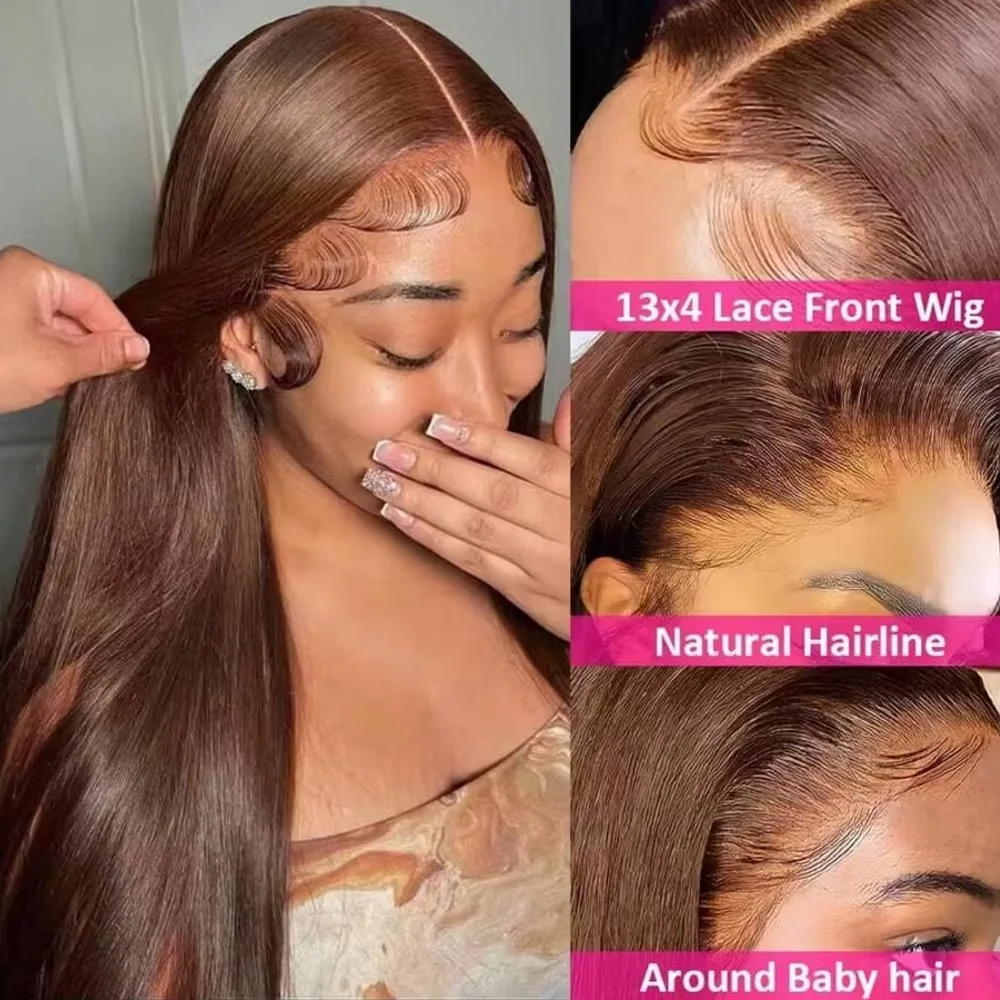 Chocolate Brown Straight Human Hair 13x6 HD Lace Frontal Wig #4 Brazilian 13x4 Lace Front Human Hair Wigs For Women 40 42 Inch