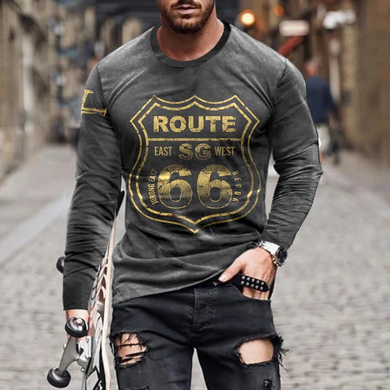 Men T-Shirt Cotton Tees Fashion 66 Letter 3D Print Long Sleeve Tops O-neck 2023  Casual Street T Shirt Oversized Clothing