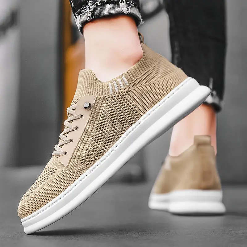 New Fashion Khaki Shoes Breathable Summer Knitting Sneakers Designer Lace Up Loafers Male's Footwear zapatillas de hombre