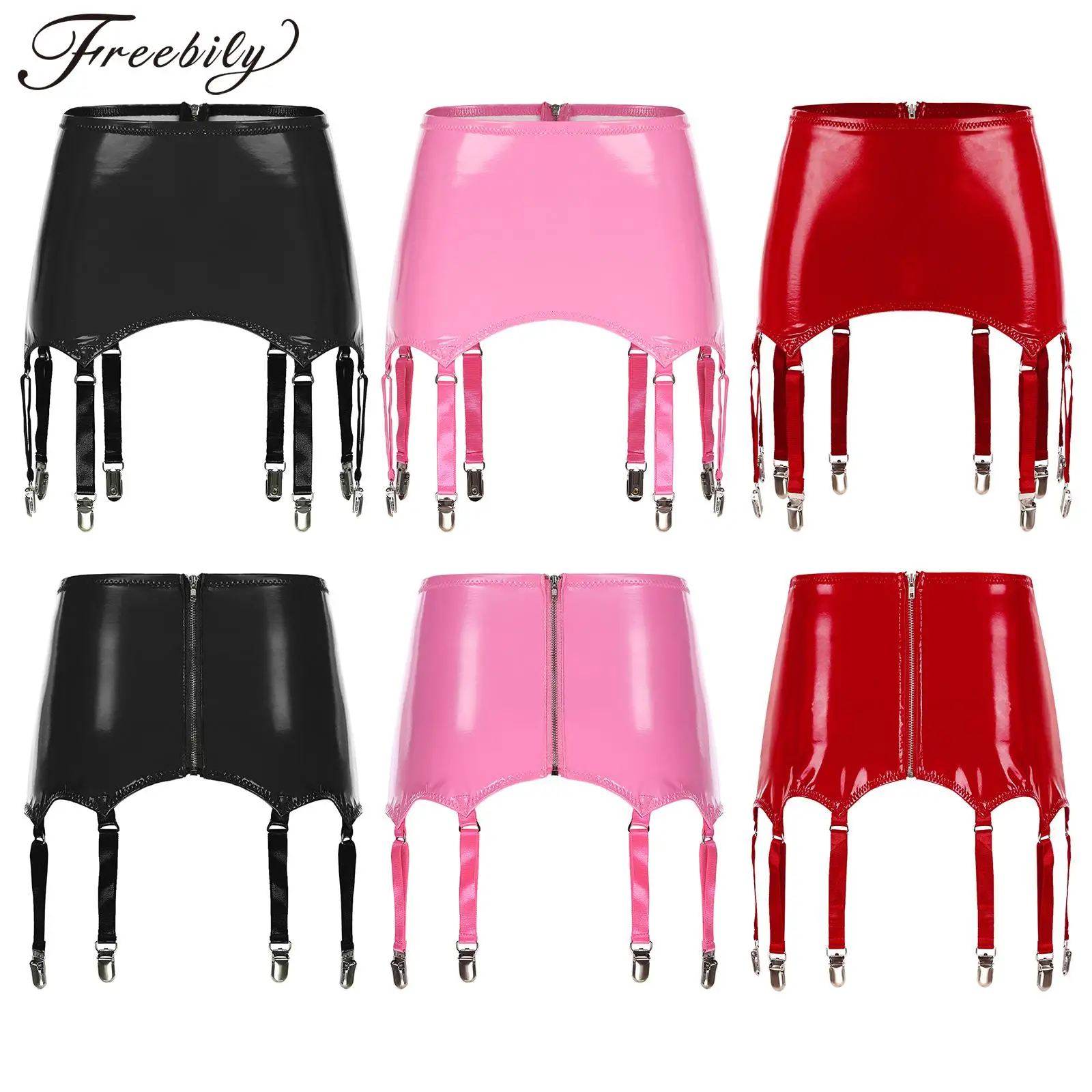 Women Garters Wet Look Patent Leather High Waist Suspenders Skirt with Garter Belt Pole Dance Stage Performance Costume Clubwear