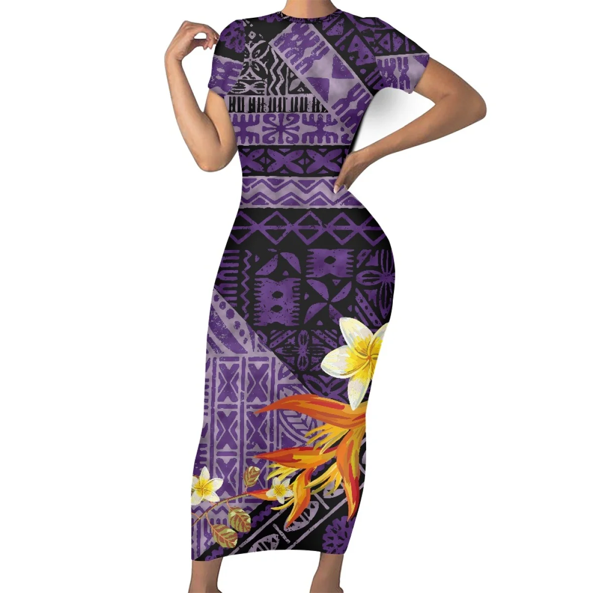 Summer Women Casual Short Sleeves Polynesian Tribal Samoa Hawaiian Fiji Clothing Tapa Print O-neck Bodycon Islands Maxi Dresses