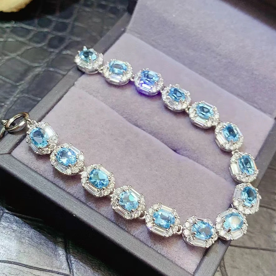 Classic Gemstone 925 Silver Bracelet 4mm*5mm 6ct Natural Light Blue Topaz Bracelet for Party 18K Gold Plated Topaz Jewelry