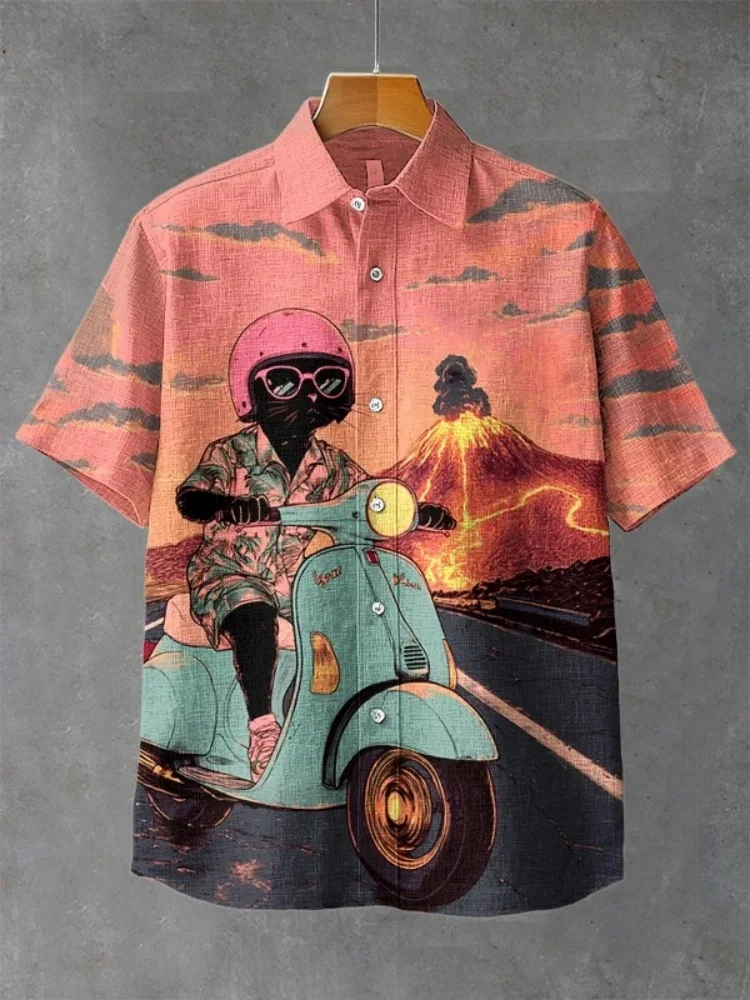 

Men's 3D Printed Shirts Oversized Harajuku Summer Holiday Chic Black Cat Rides Vespa Away From Volcano Art Print Casual Shirt