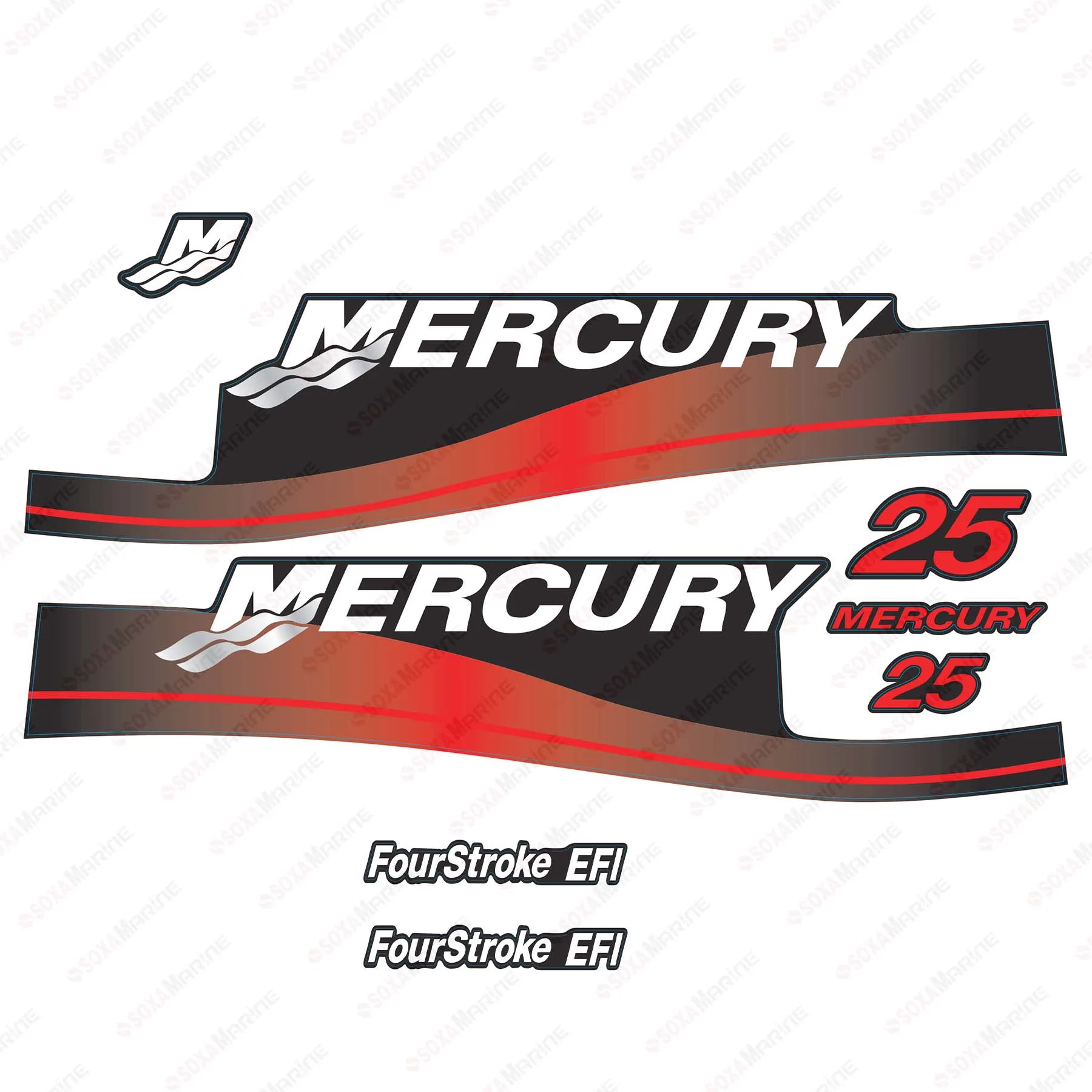 Red Decal Kit Sticker Set for Mercury 25 HP Four Stroke EFI Outboard Engine Reproduction 25hp 4-Stroke EFI