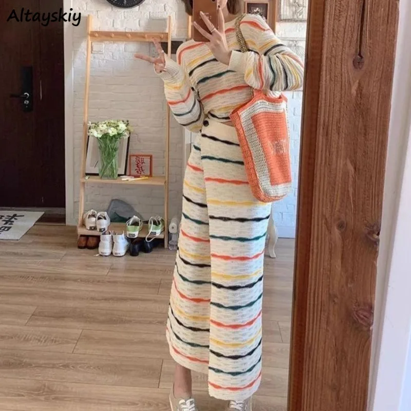 High Street Dress Sets for Women O-neck Striped Long Sleeve T-shirts Fashion Skirts Chic Korean Style Niche Sweet Cool Girls New