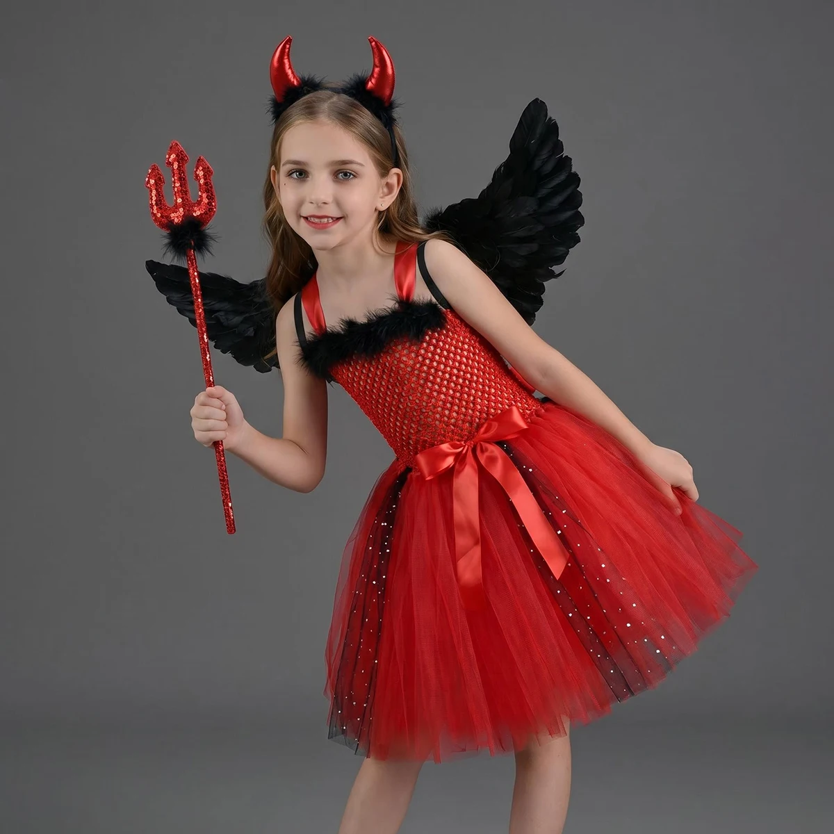 Halloween Red Devil Costumes for Girls Demon Angel Fancy Tutu Dress with Wings Horn Pitch Fork Kids Carnival Disguise Outfits